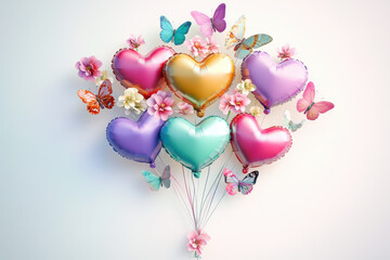 Love heart with balloons, flowers and butterflies