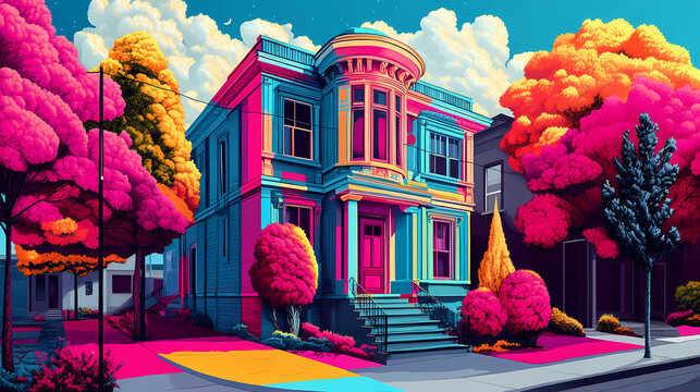 A house adorned in vivid colors on a grey street, illustrating the bold contrast between artistic individuality and societal conformity. Moonstream. Illustration