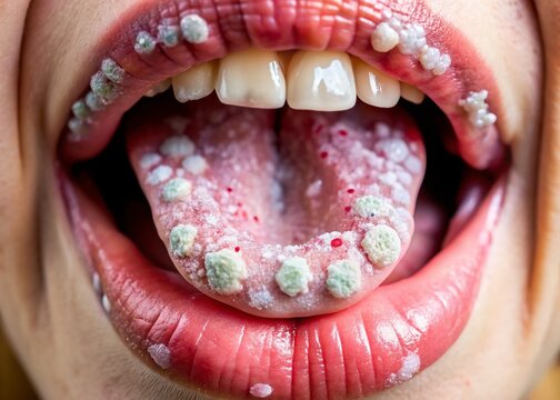 Close-up Drone Photography: White Tongue Oral Health Issues & Medical Conditions