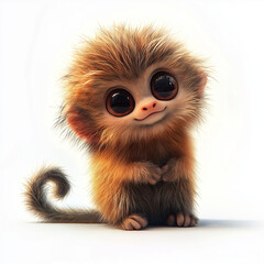 Pygmy marmoset clipart with fluffy golden-brown fur, oversized sparkling eyes, and a tiny smiling face. The marmoset is sitting playfully with its long tail curled around