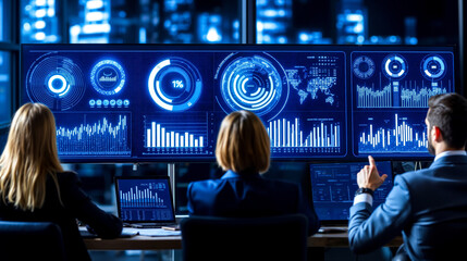 A group of people sitting at a desk in front of a large screen with graphs on it