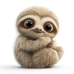 Fototapeta premium Sloth clipart with fluffy light-brown fur, oversized glossy eyes, and a gentle, happy expression. The sloth is sitting with its little arms wrapped around itself