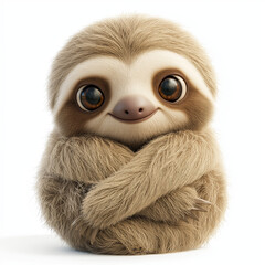 Fototapeta premium Sloth clipart with fluffy light-brown fur, oversized glossy eyes, and a gentle, happy expression. The sloth is sitting with its little arms wrapped around itself