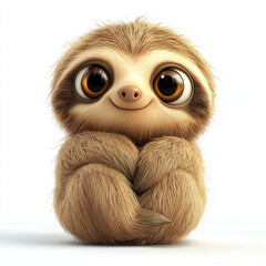 Sloth clipart with fluffy light-brown fur, oversized glossy eyes, and a gentle, happy expression. The sloth is sitting with its little arms wrapped around itself