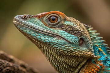 Fototapeta premium Close-up profile of a vibrant, blue, and orange lizard.
