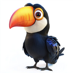 Toucan clipart with shiny black feathers, a large colorful beak, and big glossy eyes. The toucan has a cheerful, curious expression and is perched sweetly