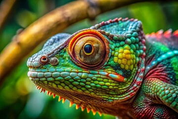 Obraz premium Close-up of a Vibrant Chameleon on a Branch - Detailed Reptile Texture and Color