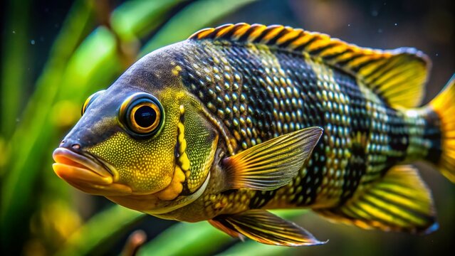 Close-up of a Yellow Cichla Kelberi Fish with Black Stripes on a Striped Background