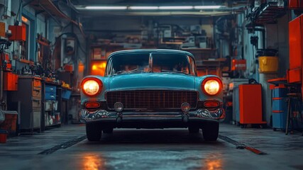 Classic car restoration taking place in a well-equipped garage with vintage tools and equipment
