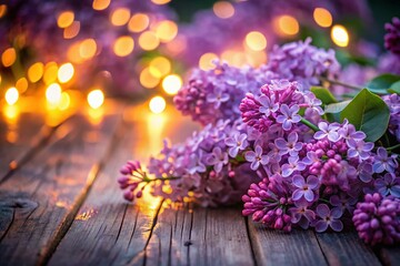 Close-up Purple Lilac Blossoms on White Wooden Board - Night Photography