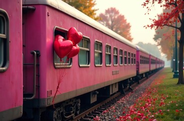 Pink train with heart shaped balloons.