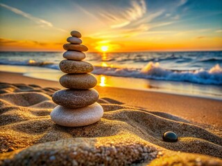 Coastal Cairn: Stacked Stones on Sandy Beach at Sunset