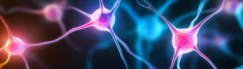 Digital neurons glowing in vibrant holographic colors, artistic and futuristic