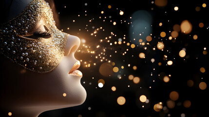 Mystery woman in colorful venetian mask on black bokeh background. Mardi Gras, Purim traditional masquerade party concept. Mystery carnival backdrop for design card, banner