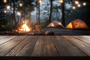 Empty wooden table surface with a blurred view of campers near a fire and a scenic forest environment