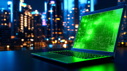 A laptop computer sitting on top of a table in front of a city at night