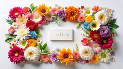 Colorful Blooming Flower Frame Border with Elegant Letter Font - White Isolated Background Stock Photo
