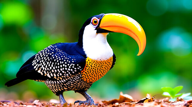 A colorful bird with a yellow beak standing on the ground