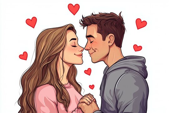 Romantic couple in love with hearts - caucasian young male and female embracing