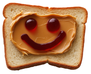 Peanut butter and jelly on a slice of bread isolated on a transparent background. Smiling jelly face. Jam or preserves smile.