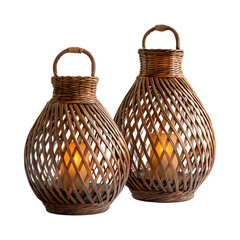 Handwoven Wicker Lanterns with Candle Isolated on Transparent Background