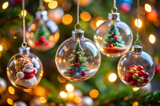 Transparent Christmas ornaments with miniature scenes hanging on a decorated tree.