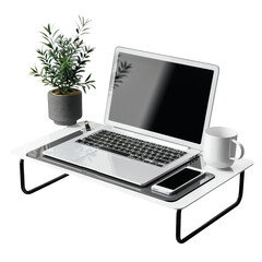 Fototapeta premium Minimalist workspace with a laptop, plant, coffee cup, and smartphone, ideal for remote working and productivity.