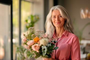 Fototapeta premium Silver-haired woman smiling warmly while holding a bouquet of fresh flowers indoors