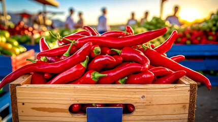 A wooden crate filled with red peppers sitting on top of a table