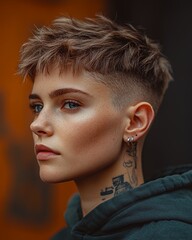 Person With Short Hair and Tattoos Poses Against an Urban Backdrop During the Late Afternoon Light