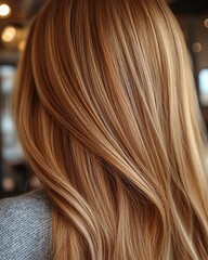 Fototapeta premium Beautiful Long Wavy Hair With Golden Highlights in a Cozy Indoor Setting During the Evening