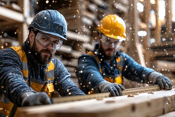 Workers Engaged in Carpentry With Safety Gear in a Bustling Workshop During Daylight, Showcasing Teamwork and Craftsmanship With Wood Materials