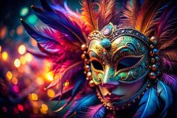 Colorful Masquerade Mask with Feathers, Macro Photography, Dark Bokeh Background