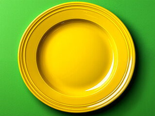 A yellow plate on a green table