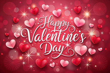 Happy Valentine's Day greeting card with hearts and sparkles.