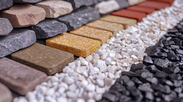 A close-up view of pavestone bricks in various colors and textures for outdoor landscaping design. Wavestone. Illustration