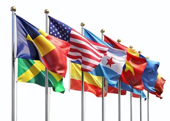 Colorful Wavy Flags, Fabric Banner, Pennants, Party Decoration, White Background Stock Photo