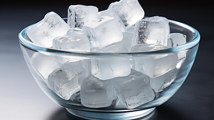 Clear ice cubes in a white ceramic bowl, creating a refreshing and minimalistic look, studio view.