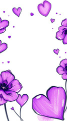 Purple flowers and hearts create a romantic, hand-drawn frame, perfect for invitations or cards.