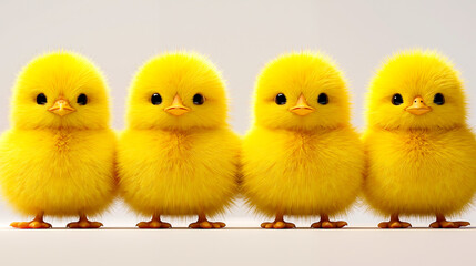 A group of five yellow chicks standing in a row