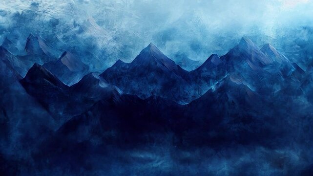 a textured and moody abstract painting of mountain silhouettes in deep blue tones