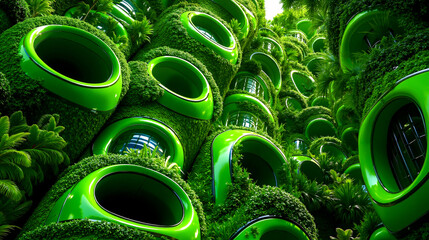 A green building surrounded by trees and plants
