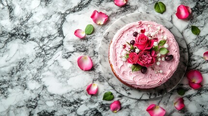 Pink rose cake, marble backdrop, floral decor, food photography