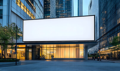 Obraz premium Large horizontal blank advertising poster billboard banner mockup in front of the building in urban city digital light box display screen for OOH media 12 sheet out of home, Generative Ai