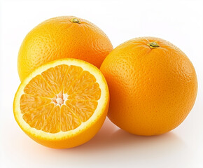 Whole and sliced oranges on white background