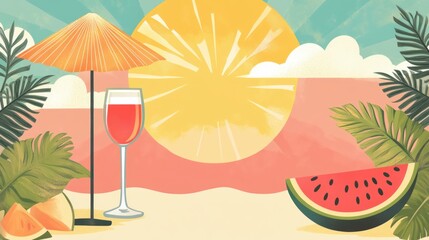 Tropical beach scene with wine and watermelon