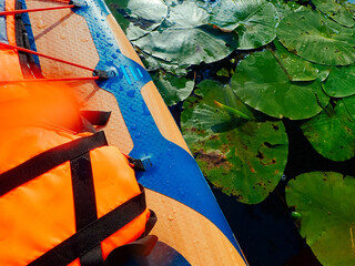 Kayaking on a tranquil lake surrounded by lush lily pads in summer.