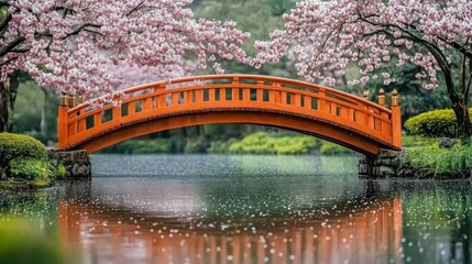 Red bridge, cherry blossoms, garden, rain, serenity