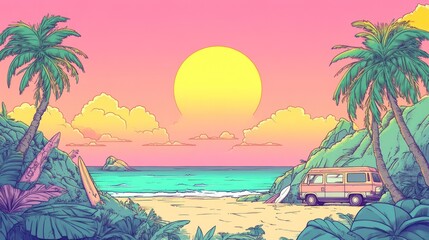 Pastel Beach Sunset Scene with Camper Van