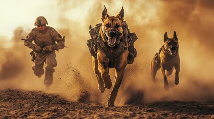 Soldiers and military working dogs demonstrate teamwork during training in a desert environment